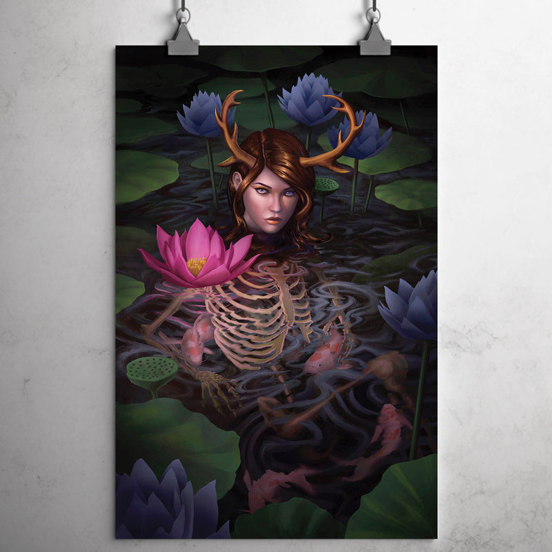 Beautiful girl with wet brown hair, her body is a skeleton submerged under the water's surface, surrounded by koi fish and lotus flowers and leaves