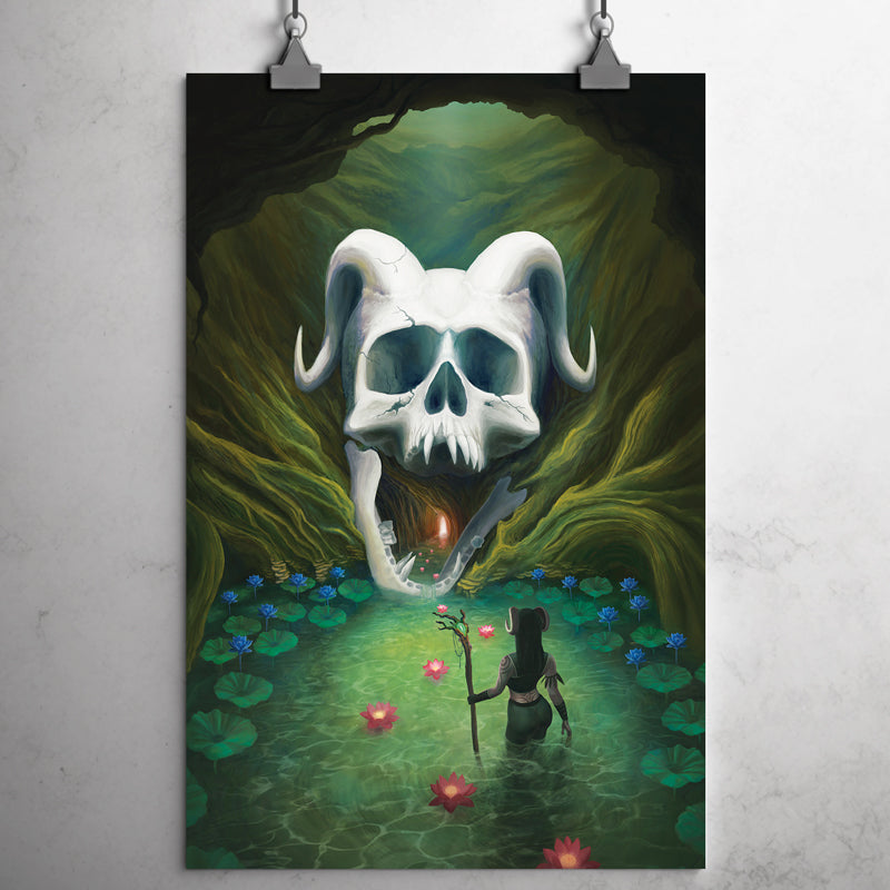 Within a cave, a horned nature druid with a staff approaches a giant horned demon skull that opens its mouth to reveal a path behind, where pink lotuses float out from