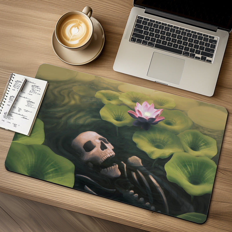 Skull and lotus flower surrounded by lotus leaves in a dark muddy swamp