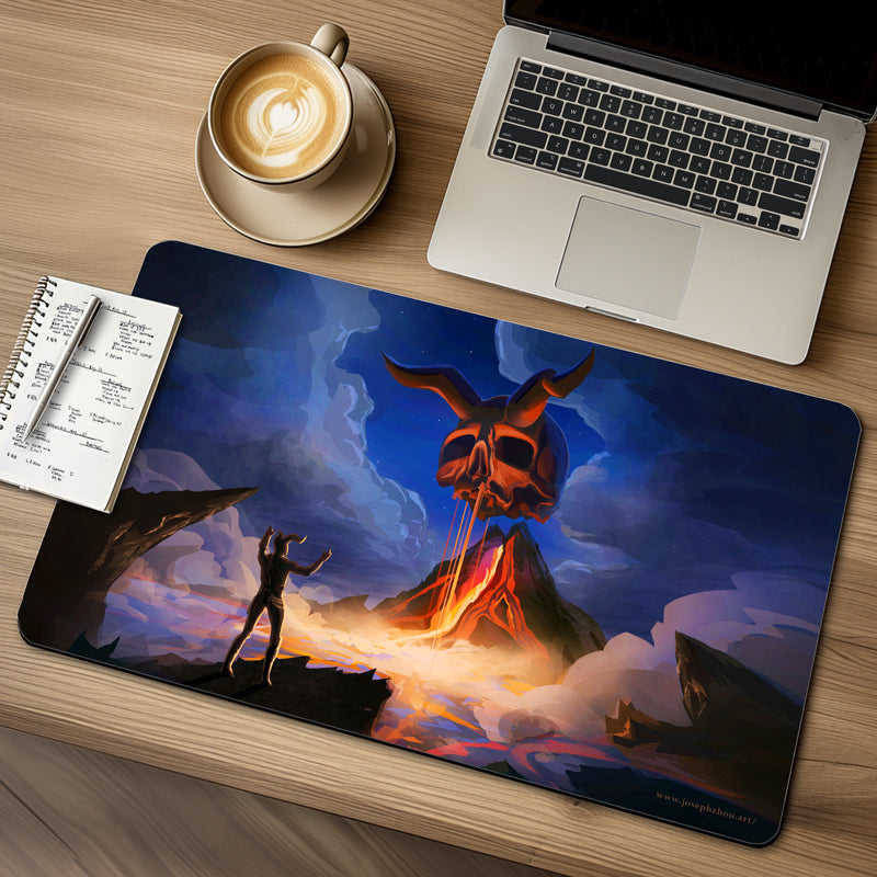Cultist figure exalts with their arms raised, as a giant horned demon skull floats above an erupting volcano as steam rises from the water below