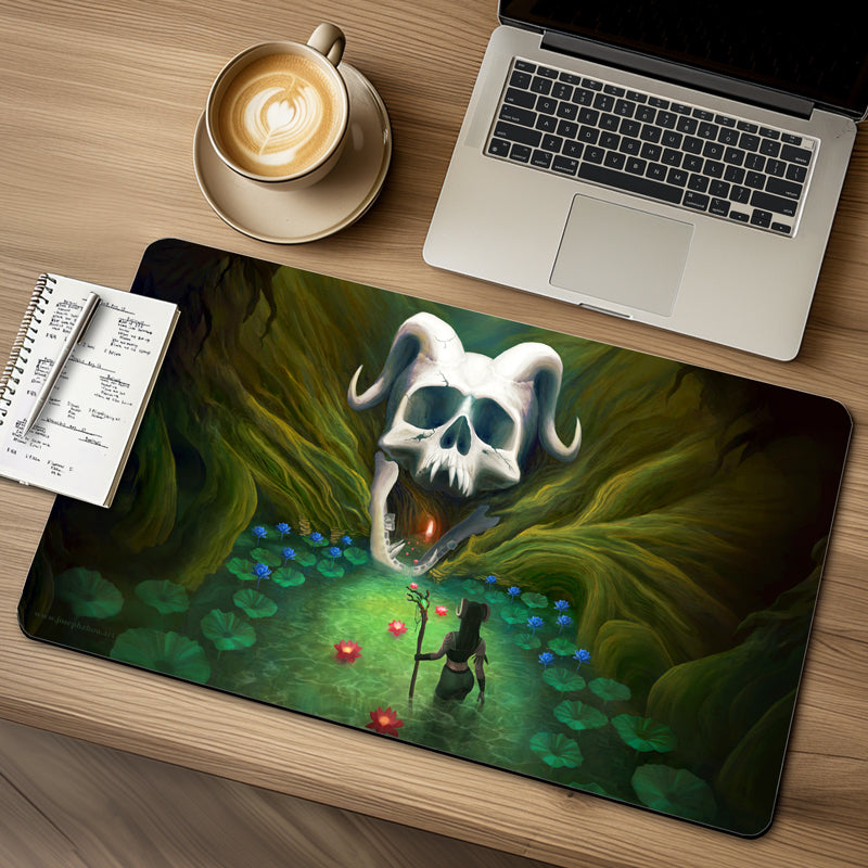 Within a cave, a horned nature druid with a staff approaches a giant horned demon skull that opens its mouth to reveal a path behind, where pink lotuses float out from