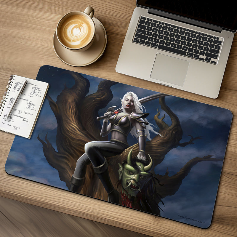 Beautiful armored pale drow elf sits on a tree holding a large curved sword in one hand and the head of an oni ogre in the other as blood drips from the oni's neck down the tree's trunk