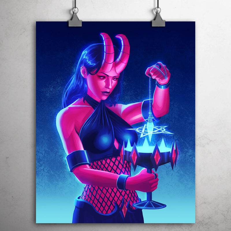 Pink-skinned female devil holding a scrying stone over a goblet