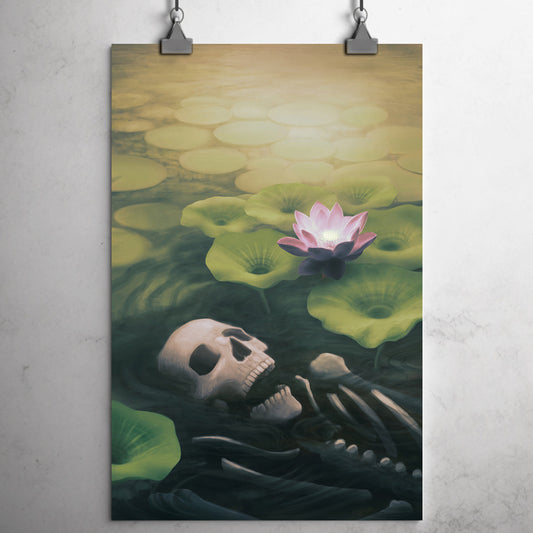 Skull and lotus flower surrounded by lotus leaves in a dark muddy swamp 
