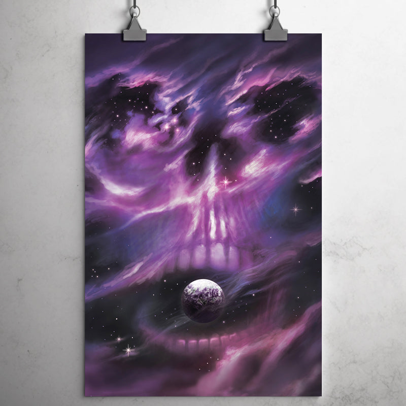 The planet is about to be devoured by a skull-shaped cloudy nebula as stars twinkle behind it