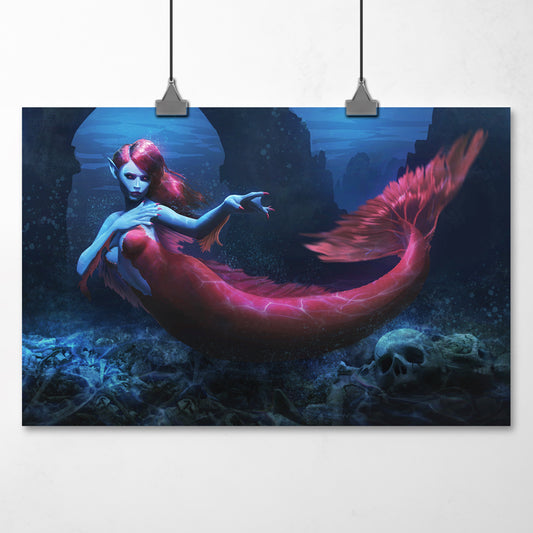 Pale blue mermaid underwater with pink body and fish tail swimming back, with graceful hands, surrounded by bones and skulls
