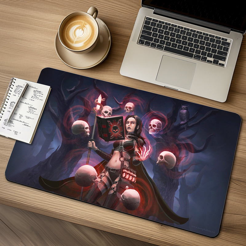 Pale goth necromancer sorceress in a dark forest casting a resurrection spell, surrounded by 7 floating skulls and 3 zombies