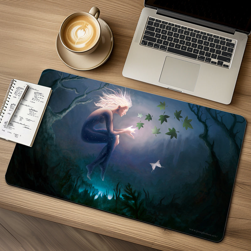 Beautiful glowing female nature goddess summons leaves from her hands in a dark forest as a glowing moth flies toward her