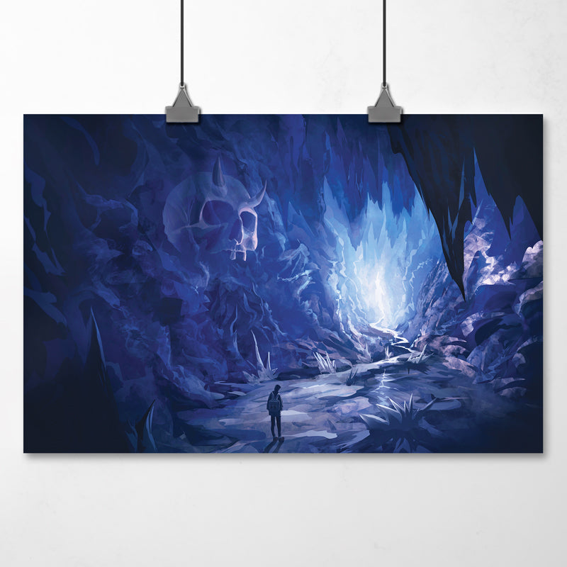 Tiny lone traveler with backpack walks an icy path within a cave and looks up to discover a giant demon skull encased in ice