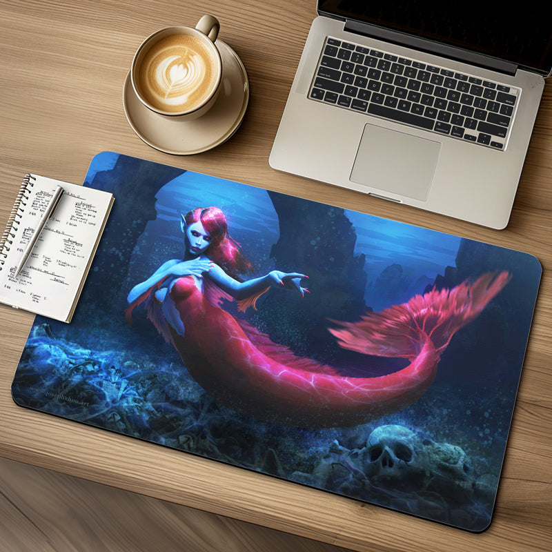 Pale blue mermaid underwater with pink body and fish tail swimming back, with graceful hands, surrounded by bones and skulls