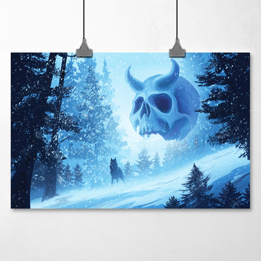 Giant horned demon skull floats above a snowy expanse of pine trees as a wolf stands in the foreground looking at the viewer