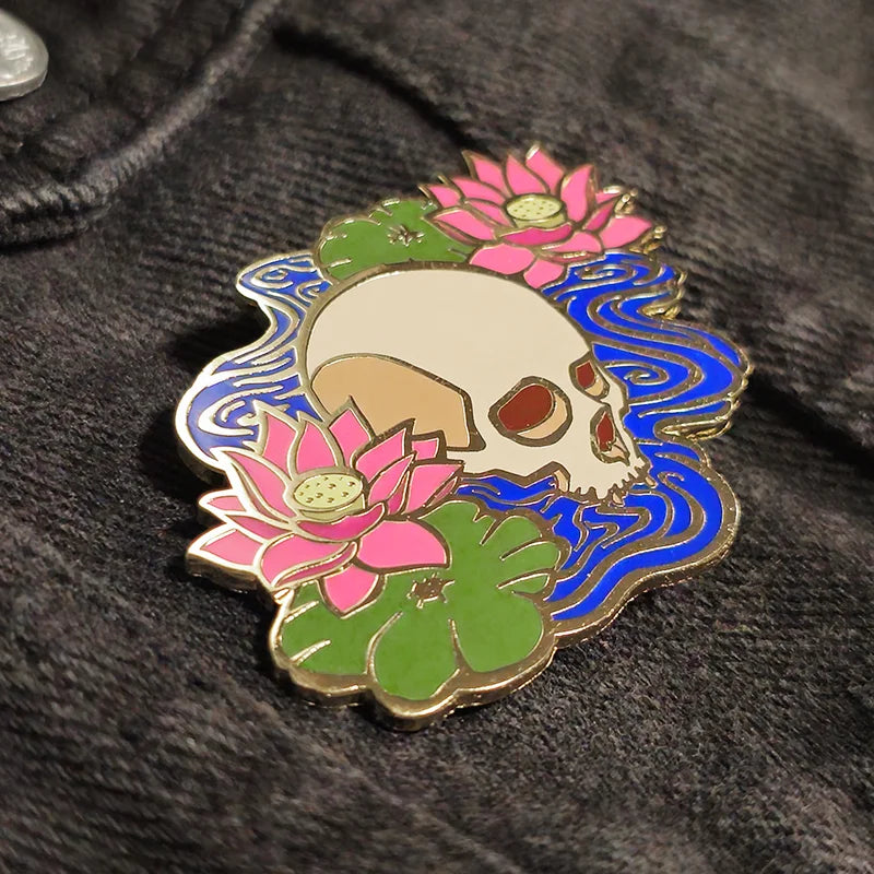 Lotus Flowers & Skull Enamel Pin