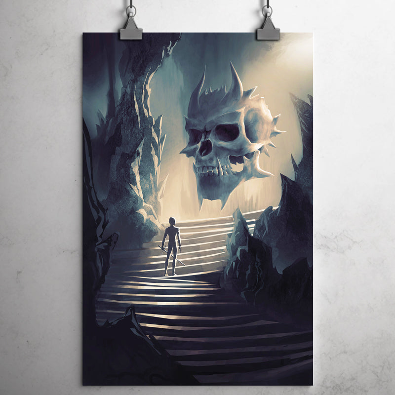 Giant demon skull floating above a staircase, where a small warrior stands in defiance