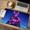 Pink-skinned female devil with four arms, and a Madonna halo made of pentagrams