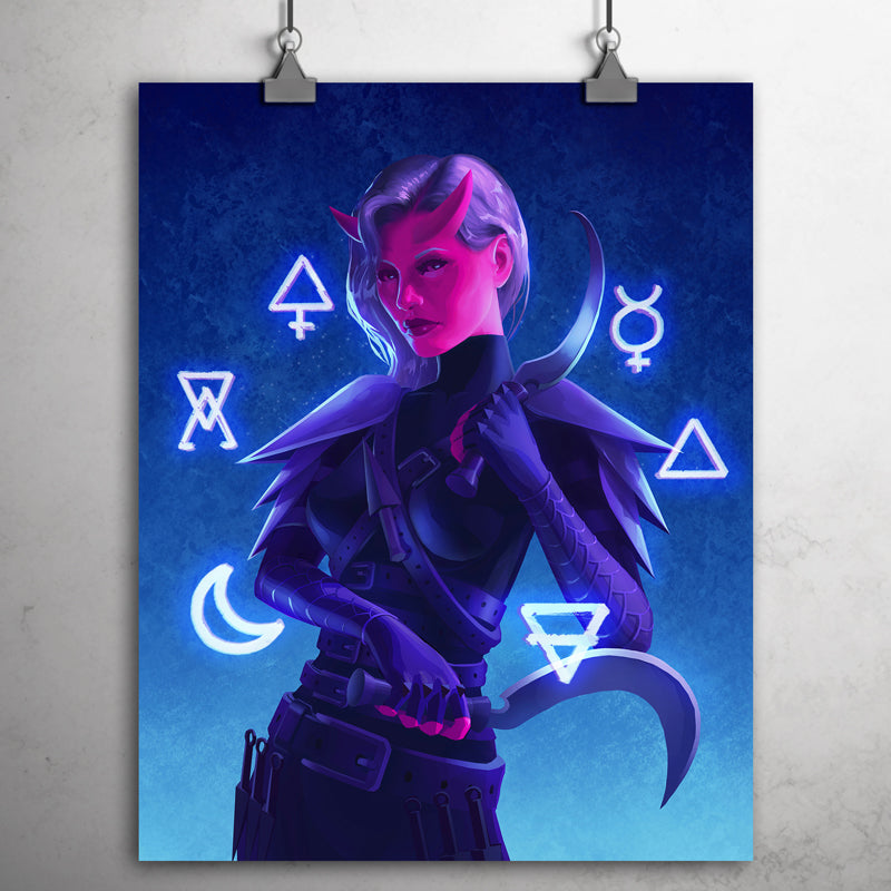 Pink-skinned female devil wearing a bark blue and black leather full-body suit, and holding sickles