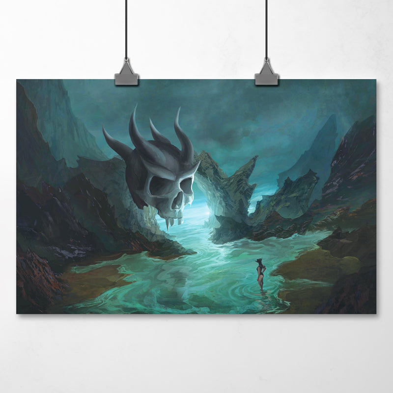 A horned female figure stands on a rocky beach grotto, where a giant four-horned demon skull floats on the horizon