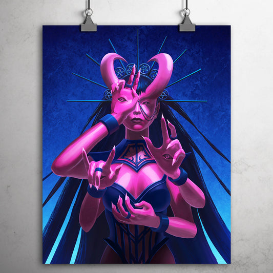 Pink-skinned female devil with four arms, and a Madonna halo made of pentagrams