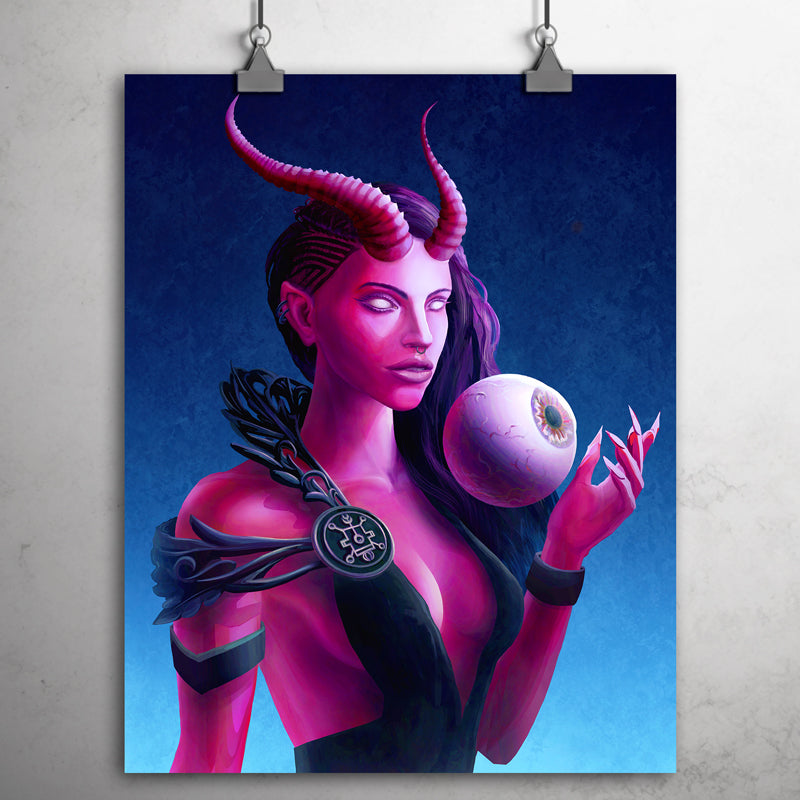 Pink-skinned female devil with white eyes holding a giant third eye 
