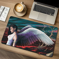 Beautiful female angel wearing white top surrounded by lava and olive tree