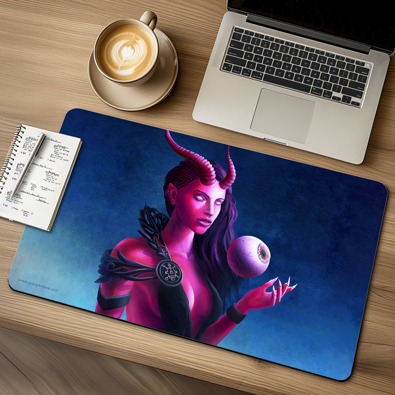 Pink-skinned female devil with white eyes holding a giant third eye 