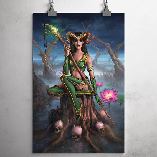 Beautiful horned nature druid wearing green armor adorned with gold filigree, and holding a wooden staff across her chest that has a glowing green crystal, while lotus flowers and leaves spring from grey marshes around her