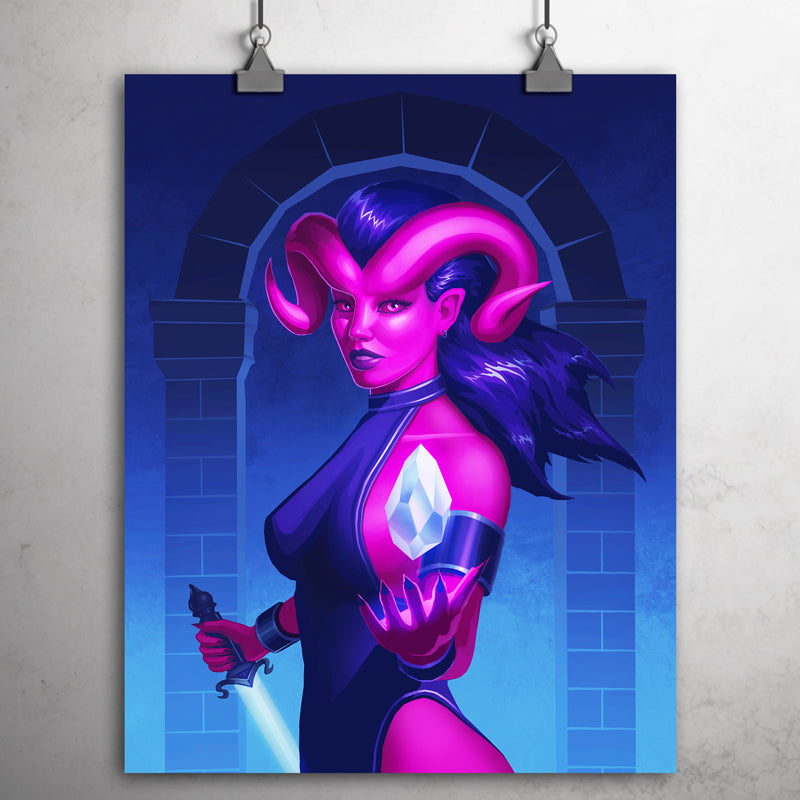 Pink-skinned female devil wearing jumpsuit, holding a dagger, and pointing at you