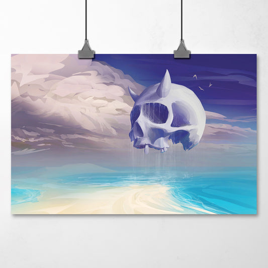 A horned demon skull drips water as is floats above a sandy beach on a bright sunny day, with expressive clouds in the background