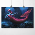 Pale blue mermaid underwater with pink body and fish tail swimming back, with graceful hands, surrounded by bones and skulls
