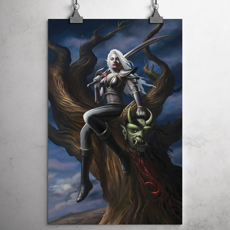 Beautiful armored pale drow elf sits on a tree holding a large curved sword in one hand and the head of an oni ogre in the other as blood drips from the oni's neck down the tree's trunk