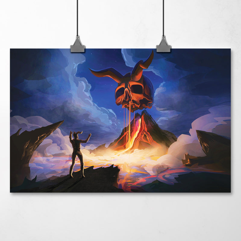 Cultist figure exalts with their arms raised, as a giant horned demon skull floats above an erupting volcano as steam rises from the water below