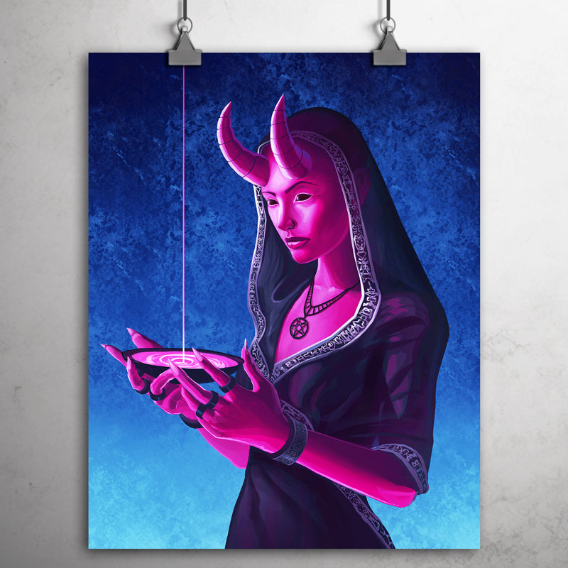 Pink-skinned female devil wearing a cloth holding a bowl with blood dripping into it 