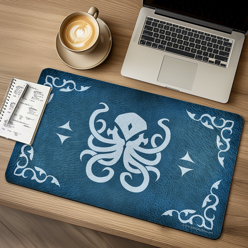 8-legged creature of the deep graphic design on blue leather background