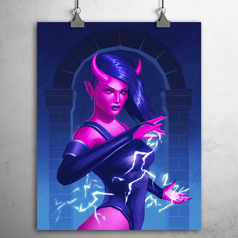 Pink-skinned female devil wearing jumpsuit and wielding lightning