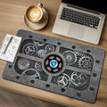 Blue crystal in the center of a gear-cog graphic design