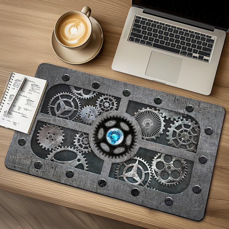 Blue crystal in the center of a gear-cog graphic design