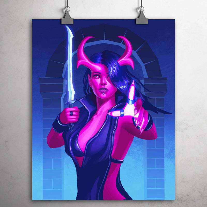Pink-skinned female devil wearing jumpsuit and holding a sacrificial dagger