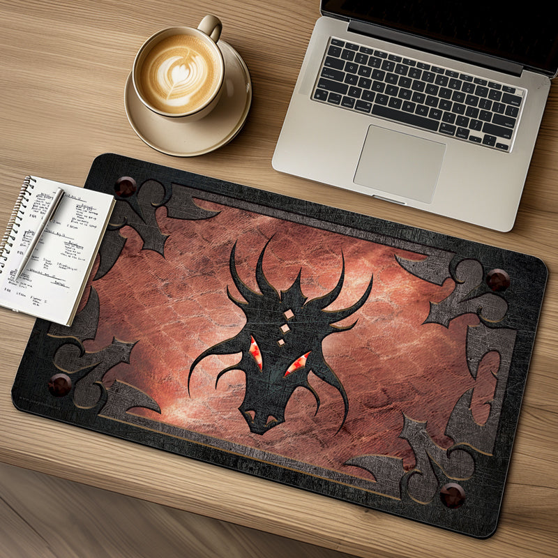 Dragon head symbol on rusted reddish metal graphic design