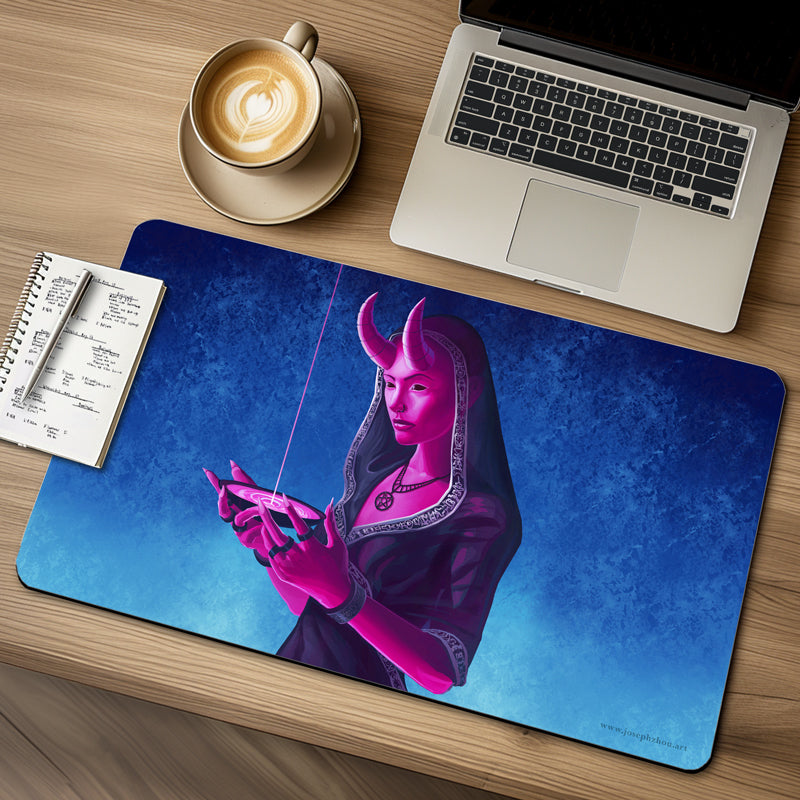 Pink-skinned female devil wearing a cloth holding a bowl with blood dripping into it 